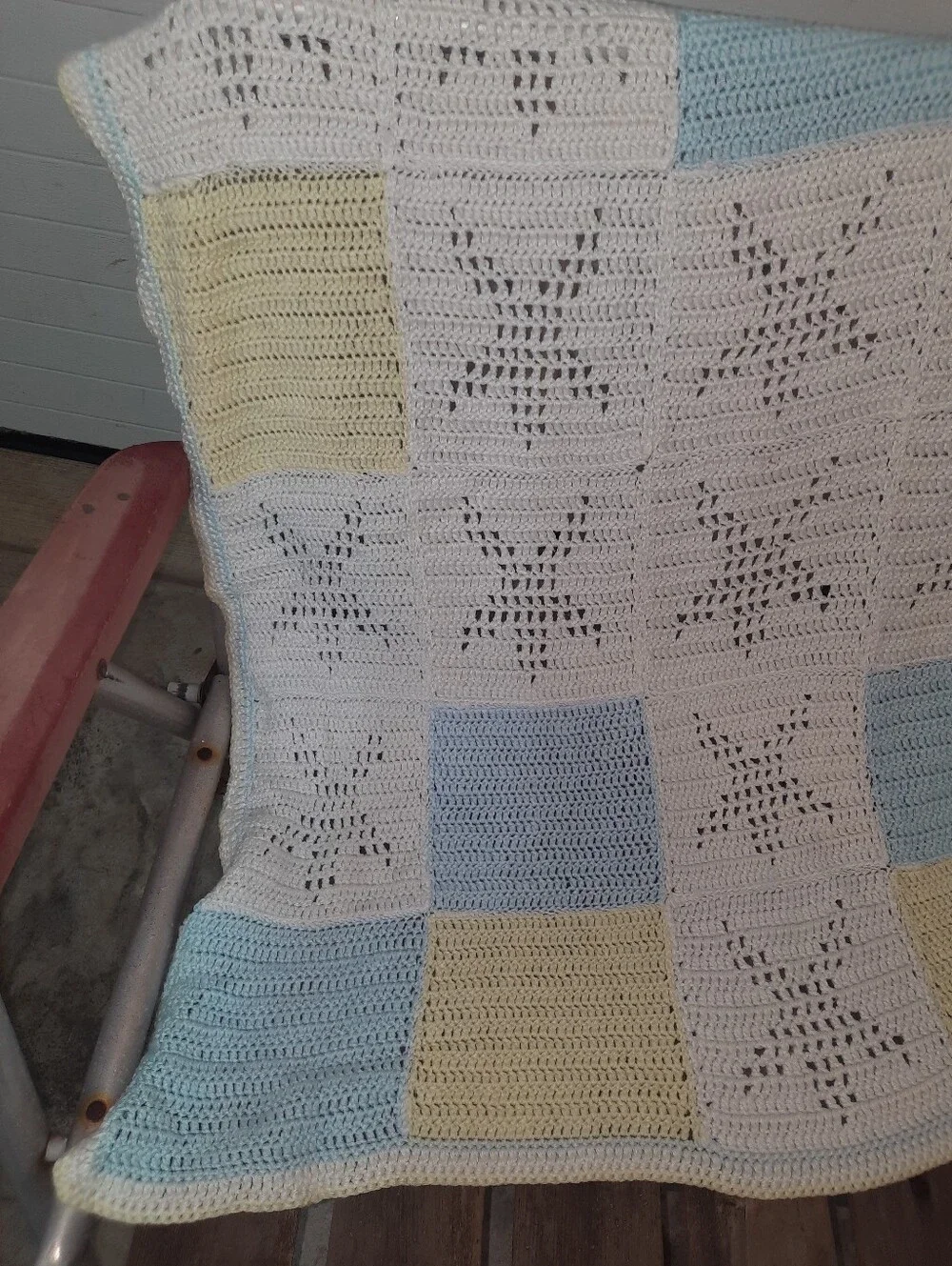 Handmade Crochet Star Baby Blanket in White, Blue & Yellow